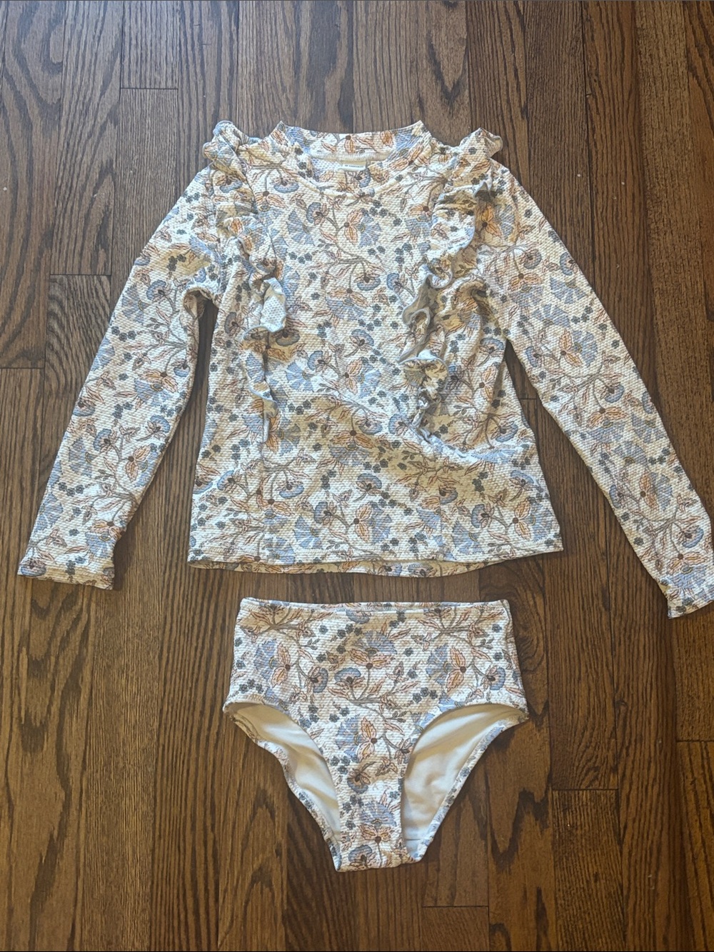 H&M Girls Floral Ruffle Long-Sleeve Swim Set - Blue & Tan, size 6-8Y
